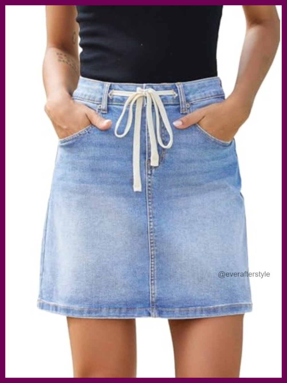 High Waist Drawstring Denim Mini Skirt Stretchy Loose Fit Pockets